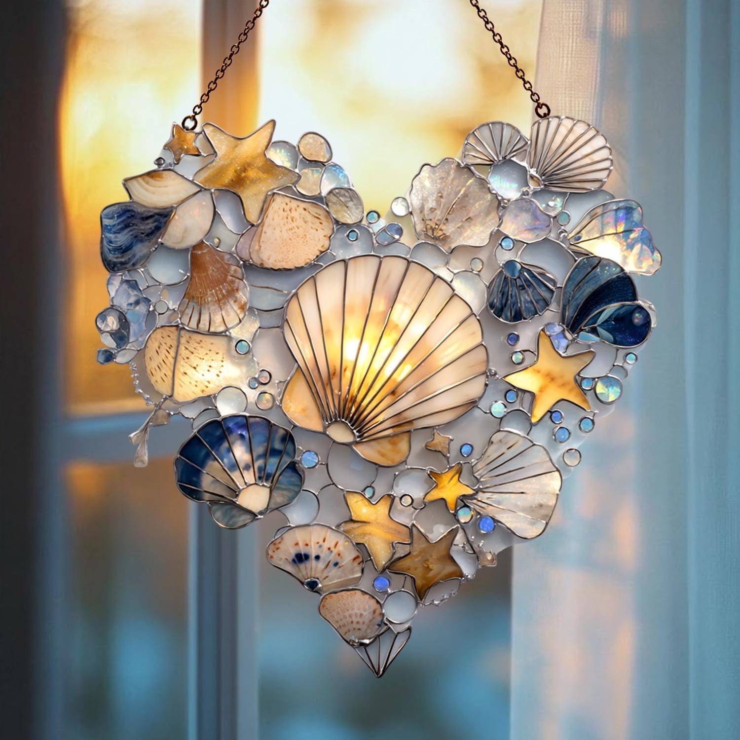 Seashell Heart acrylic Suncatcher, Coastal Beach Window Hanging Decor,
