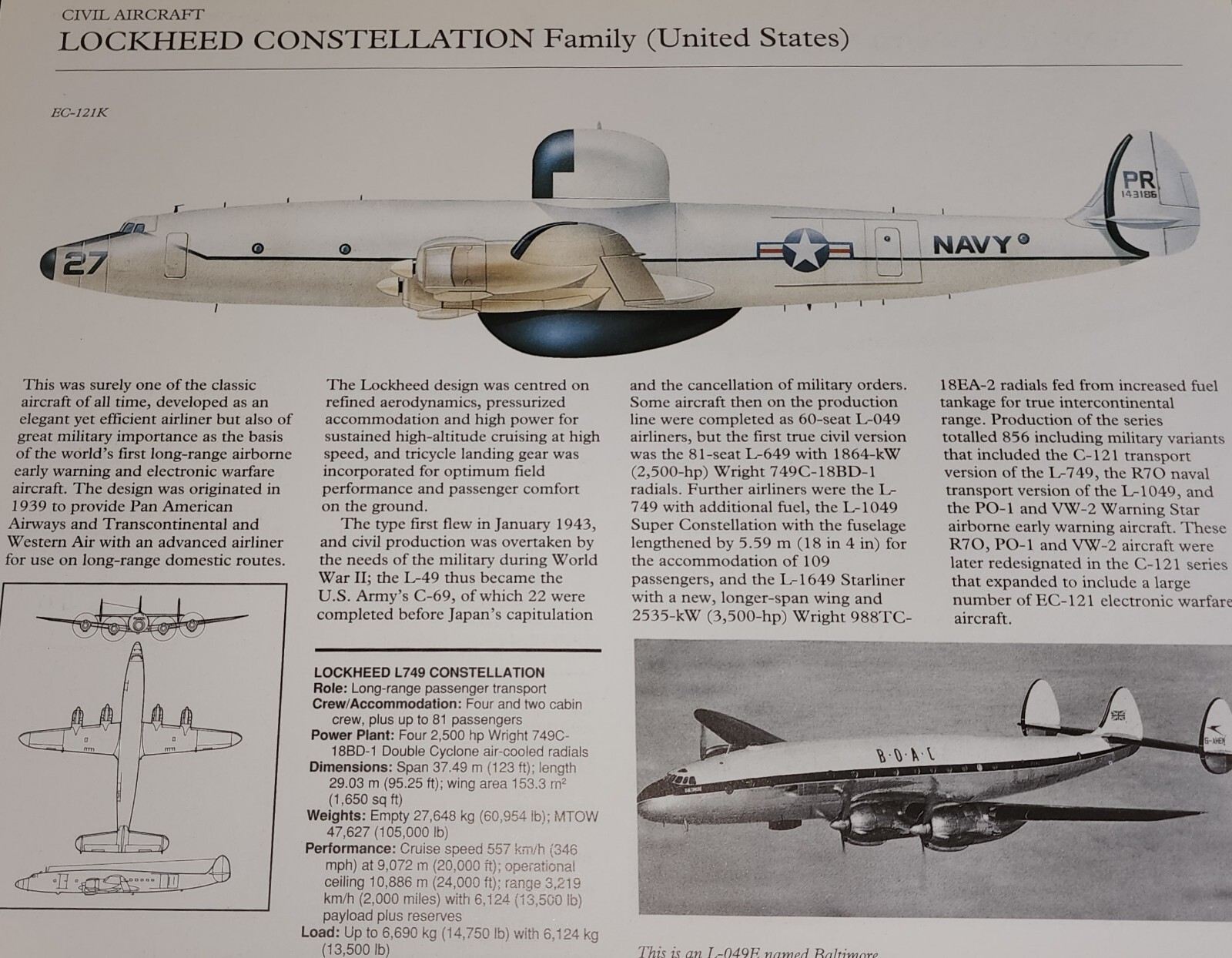 Lockheed Constellation Picture Out of Print Article Spec Sheet Wall Art Display
