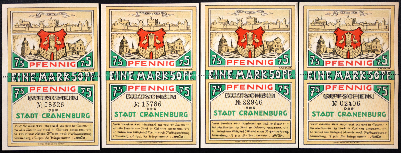 CRANENBURG / KRANENBURG 1921 4x1.50 Mark Complete Double-Note Set Notgeld
