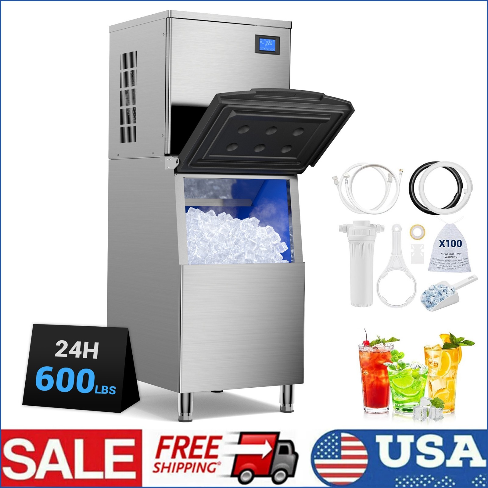 Commercial Ice Maker Machine 600lbs/24h Large Capacity 450lbs, 156pcs Ice Cubes