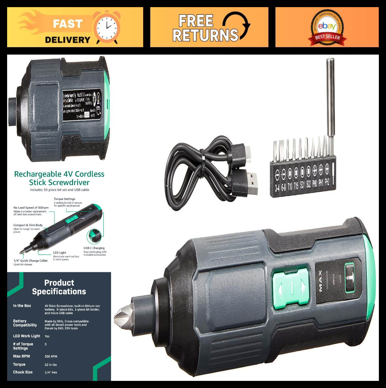 4V Cordless Stick Screwdriver, 10-Piece Bit Set, USB Charging, LED Light, 3 Torq