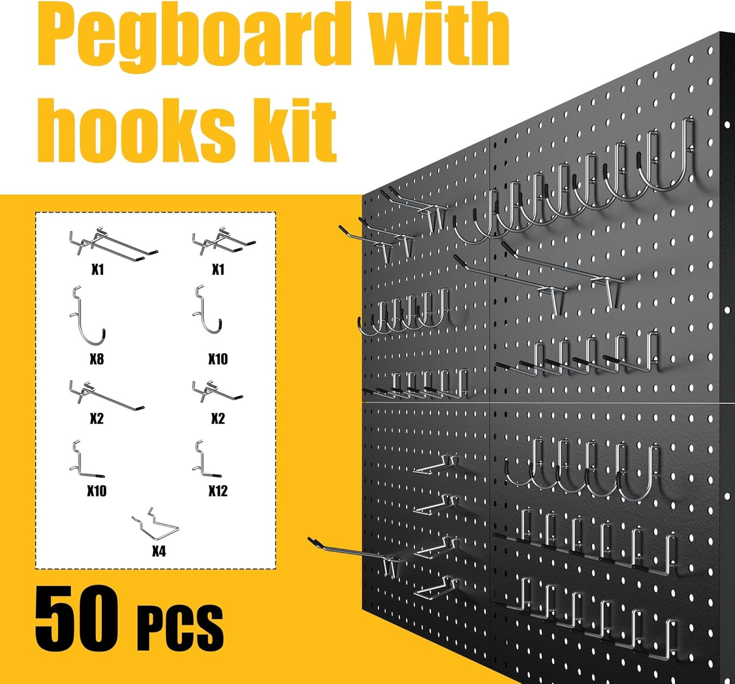 Spampur Peg Board, 4 Pack Metal Pegboard Panels with 50 Hooks, Black Pegboards W