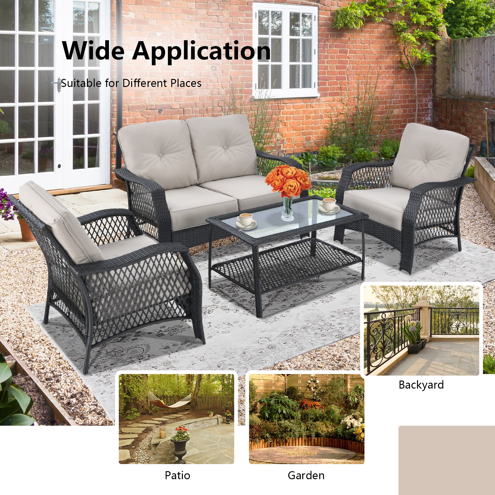 Patiojoy 4PCS Patio Rattan Furniture Set Outdoor Conversation Set w/Tempered