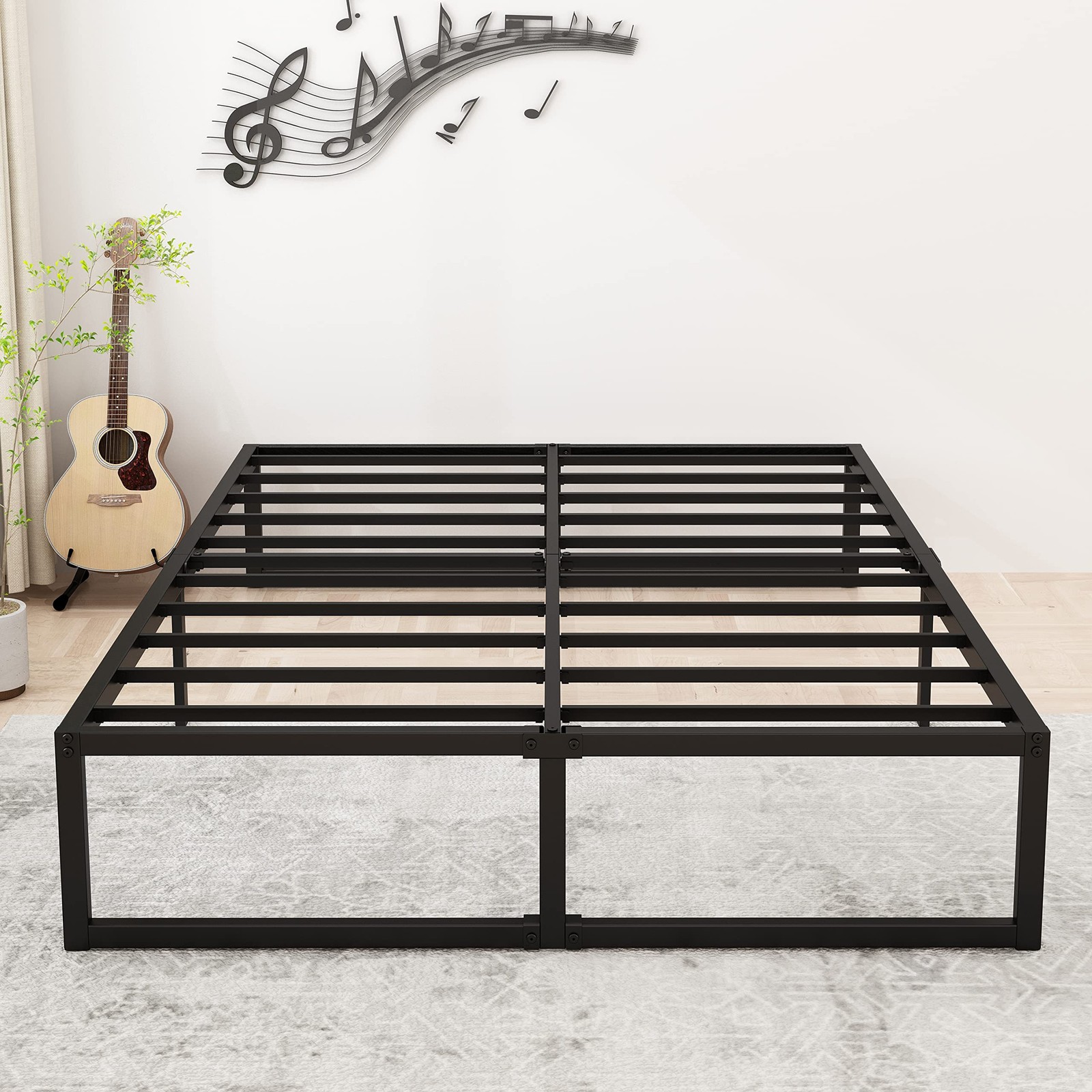 16 Inch Metal Platform Bed Frame, No Box Spring, Heavy Duty, Black
