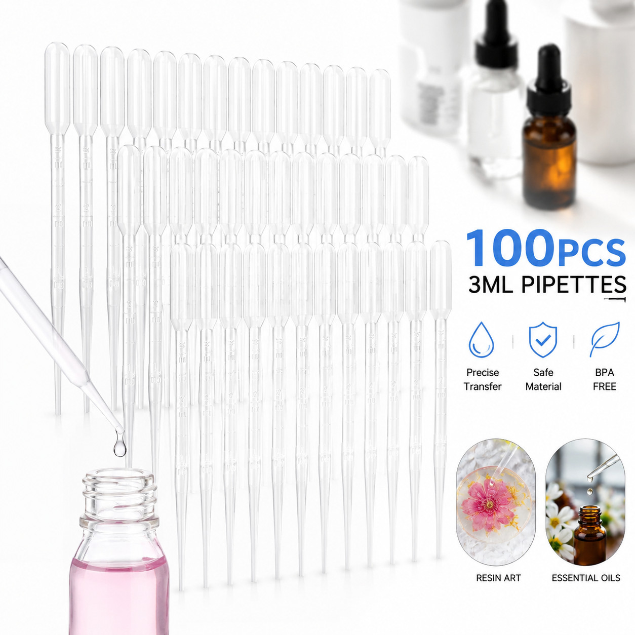 100PCS 3ML Transfer Pipettes Plastic Droppers Disposable Eye Dropper for Resin