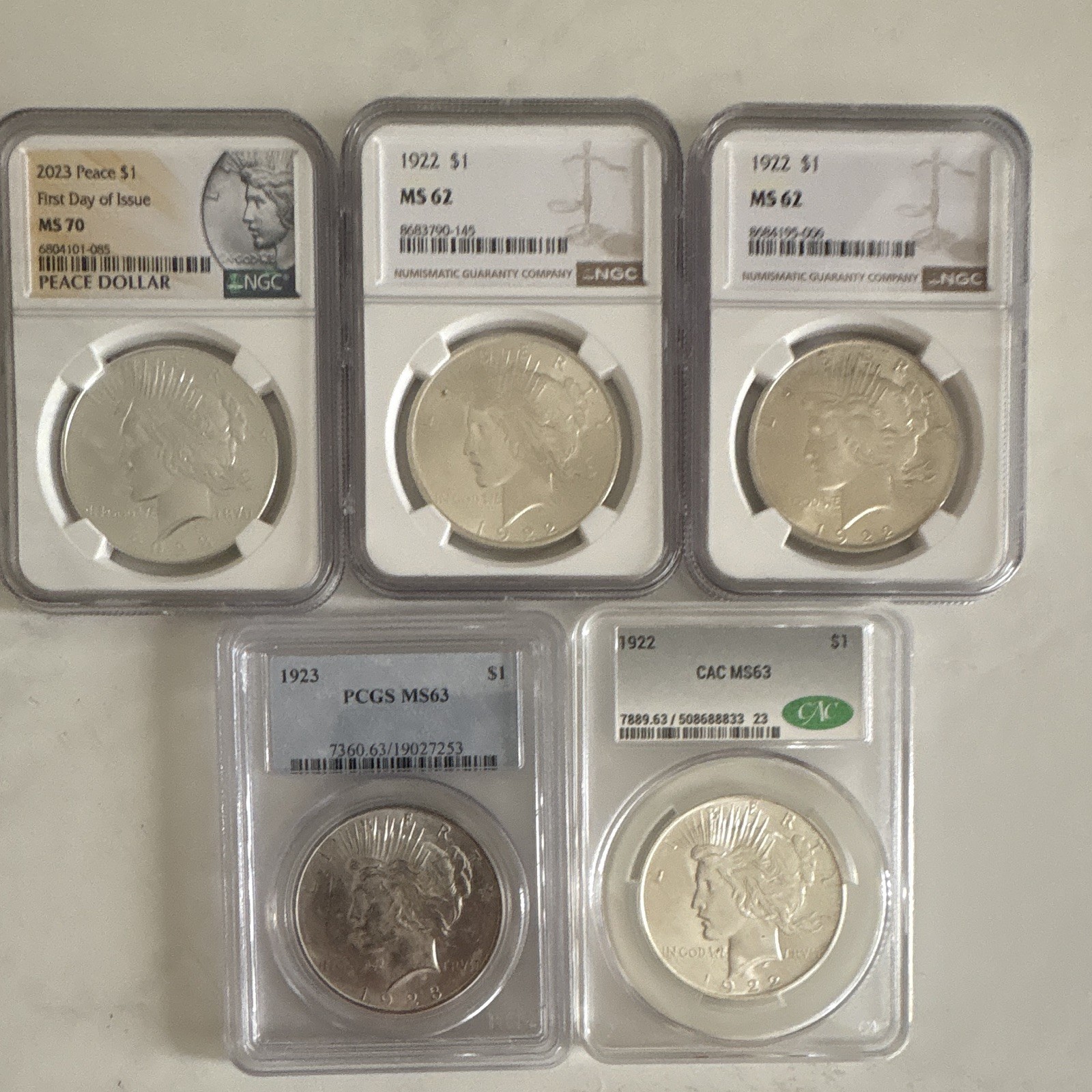 NGC/PCGS Graded Peace $1 Silver Dollars Lot of 5 1922-2023
