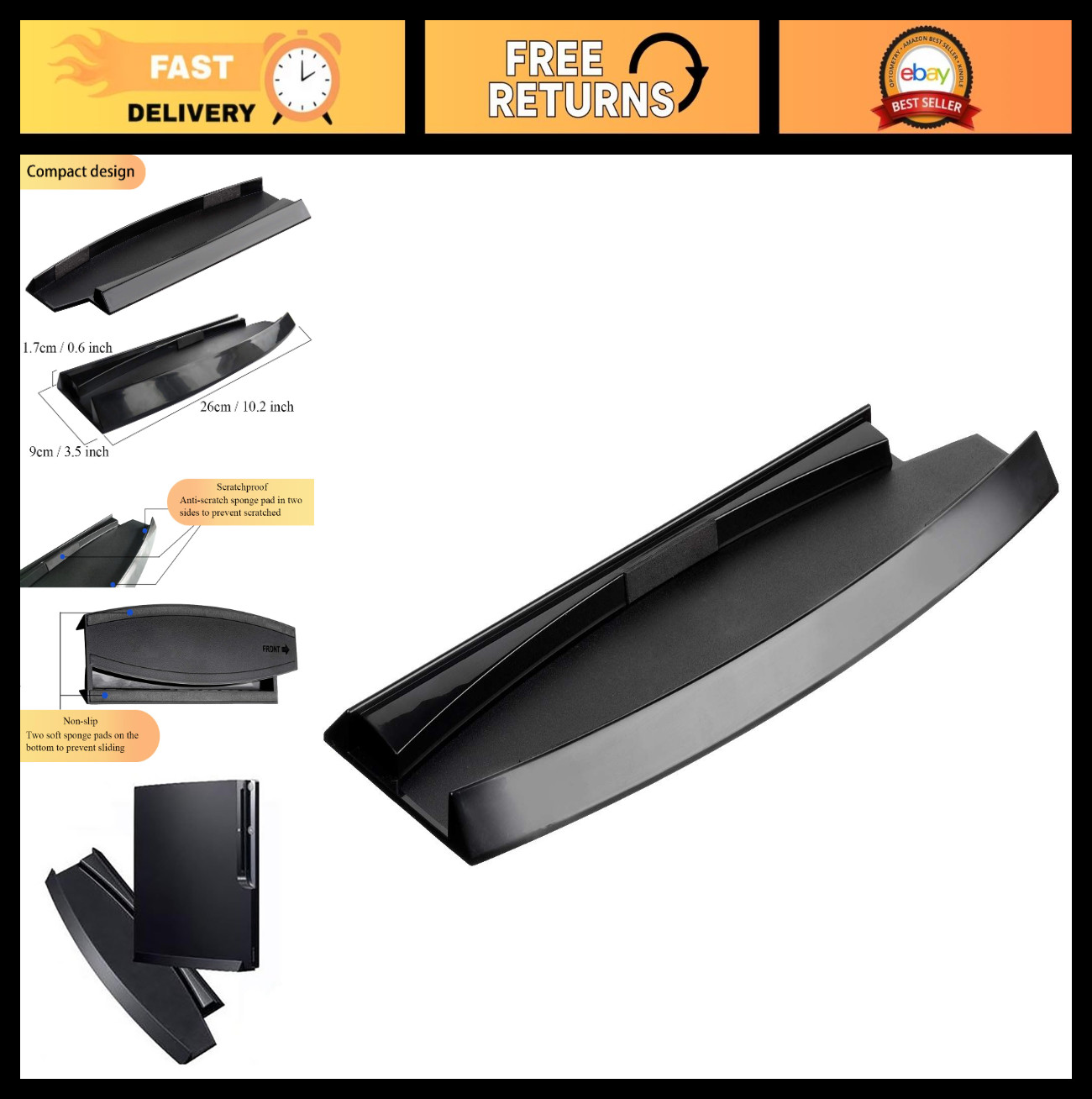 Skid-Proof Vertical Stand for PS3 Slim Console - Black, Secure & Space-Saving De