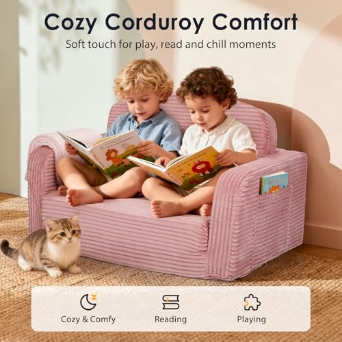 Foryoomi Extra Wide 2 in 1 Convertible Toddler Kids Couch - Corduroy Large Pink