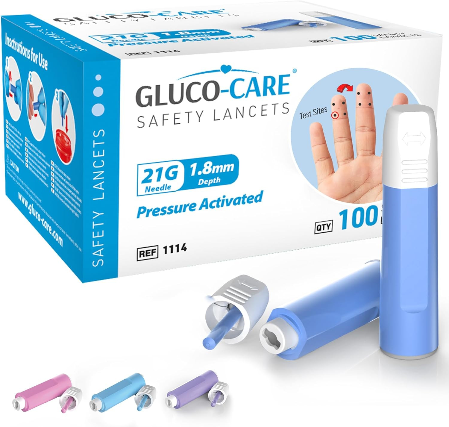GLUCO-CARE Safety Lancets, Contact-Activated, 21G X 1.8Mm, Pre-Loaded, Sterile,