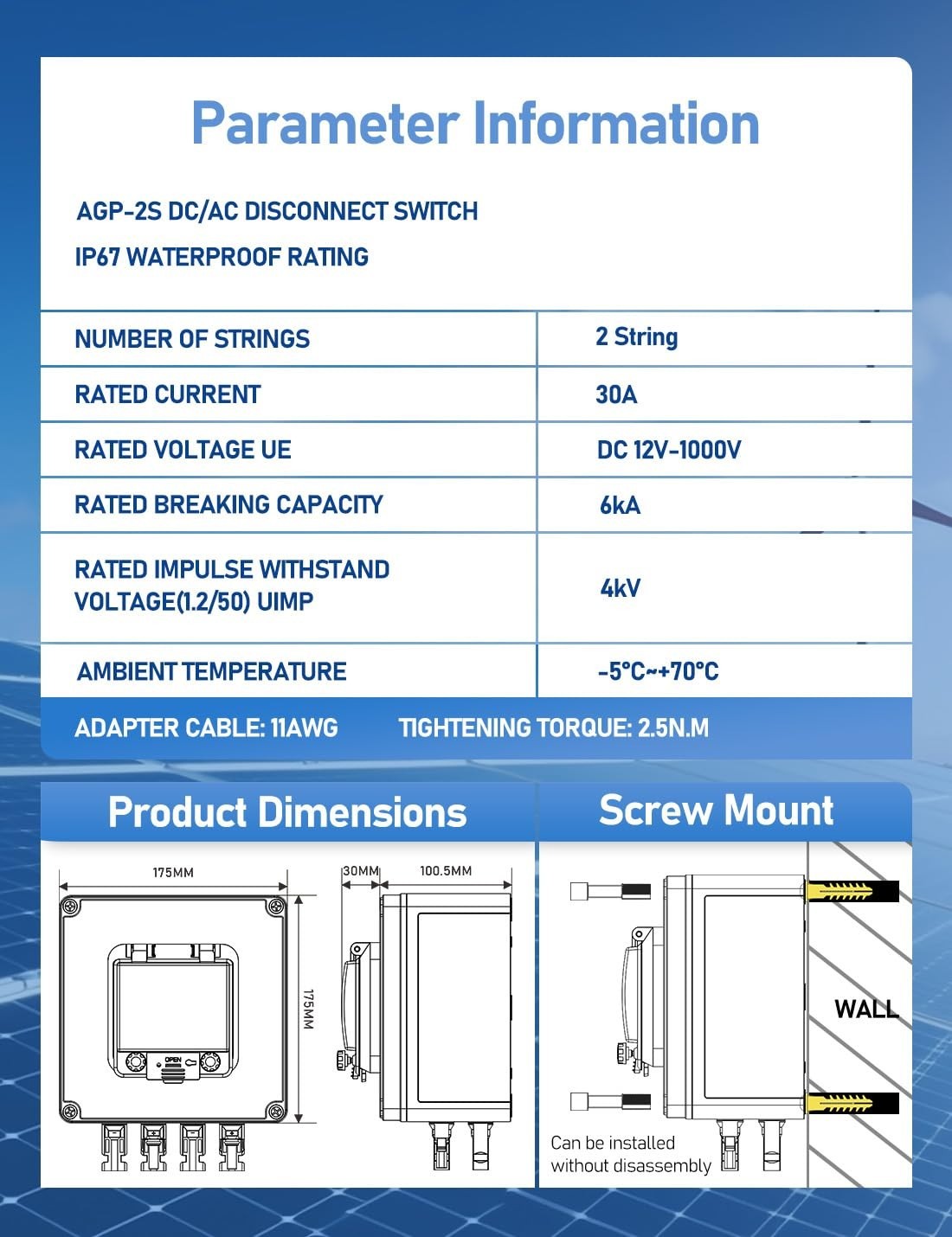 Solar Panel Disconnect Switch 2 String 30 Amp DC Circuit Breaker Box Compatib...