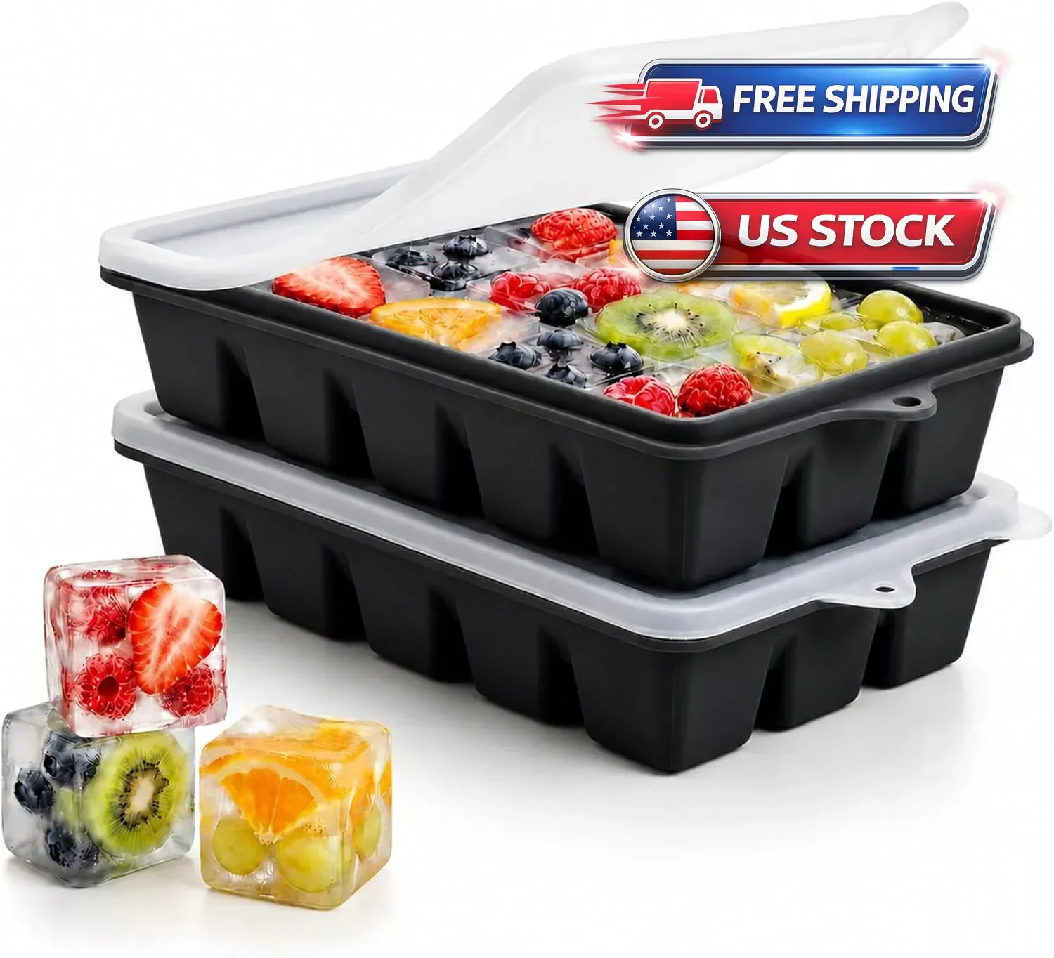 Ice Cube Tray with Lid, 2 Pack Durable Stackable Ice Cube Trays for Freezer with