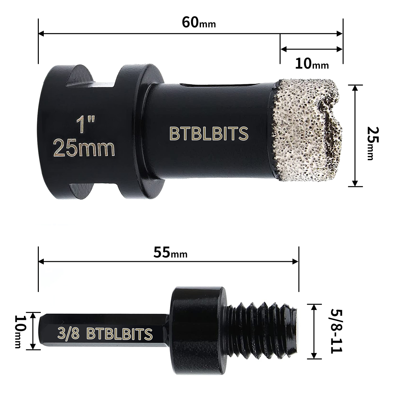 1" 25mm Dry Diamond Core Drill Bit Hole Saw Set Ceramic Tile Quartz Hex Adapter