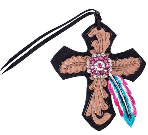 Shiloh Showman Black Tie On Leather Cross with Pink and Turquoise Feather