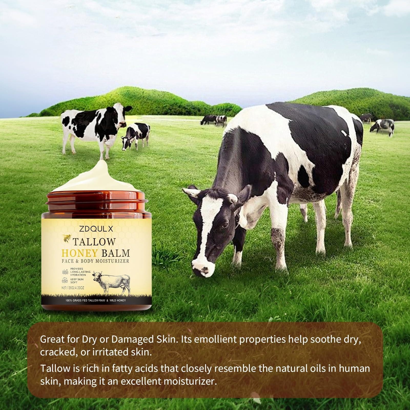 Grass Fed Beef Tallow Balm 4.23 oz - Raw Honey Face & Body Moisturizer Dry Skin.