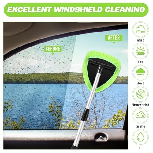 8 Pcs Car Windshield Cleaner Tool Kit with Extendable Handle, Microfiber Green