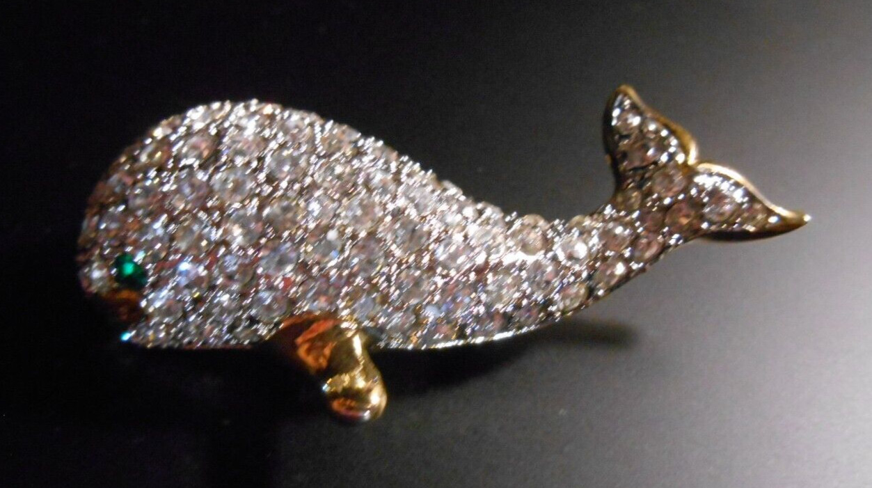 Rhinestone WHALE Brooch Pin Gold Tone Nautical Costume Jewelry