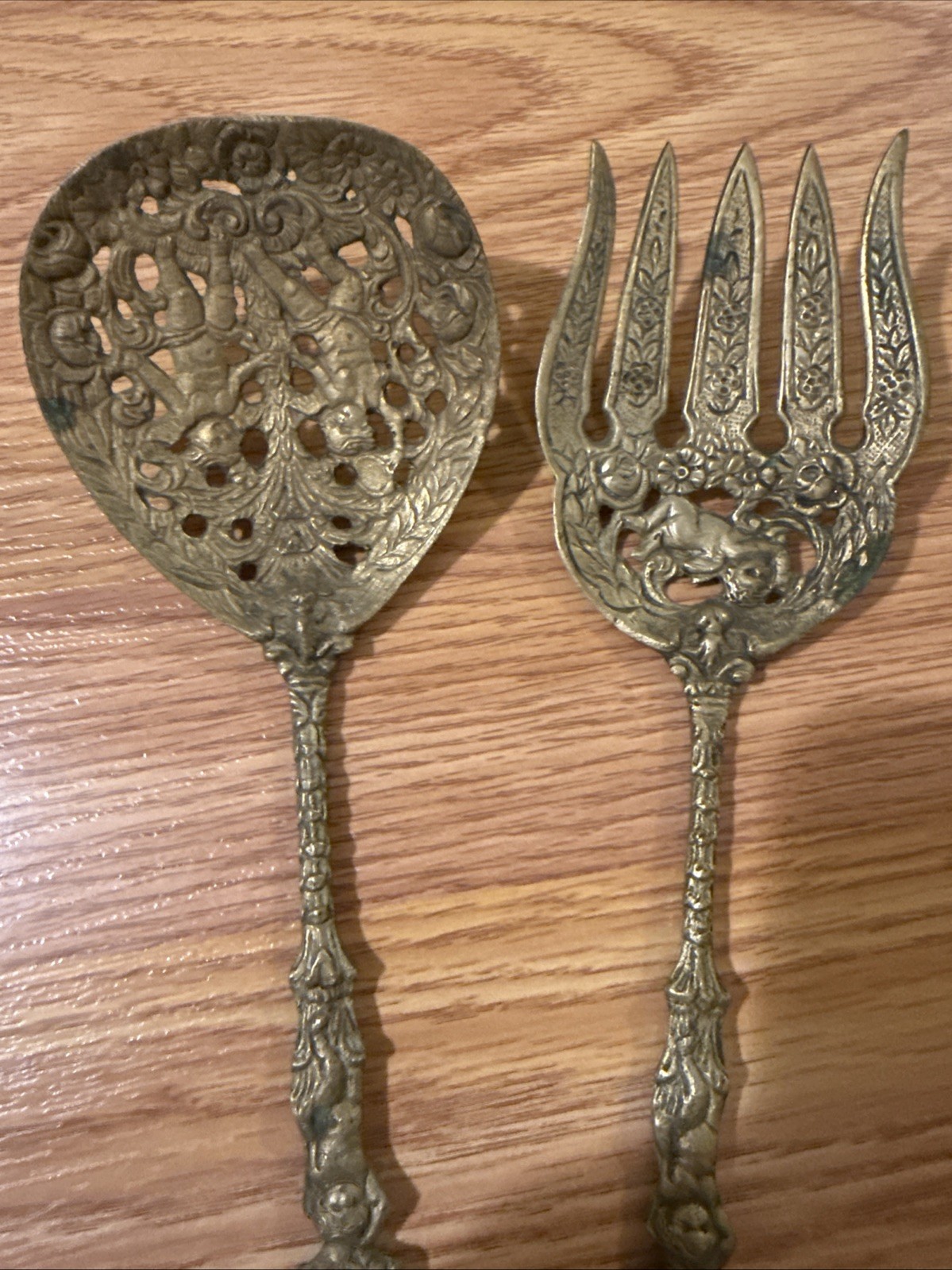 Ornate Brass Serving Spoon Fork Set Italy Cherub Design
