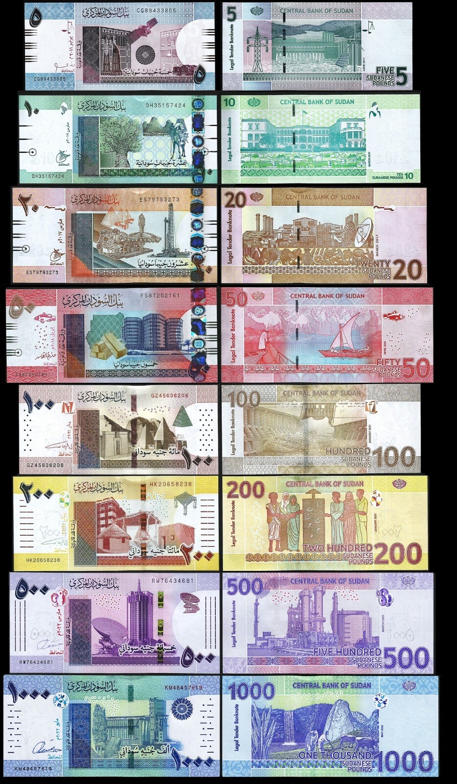 Sudan 8 Pcs UNC Set, 5 10 20 50 100 200 500 1000 Pounds, 2011 2022