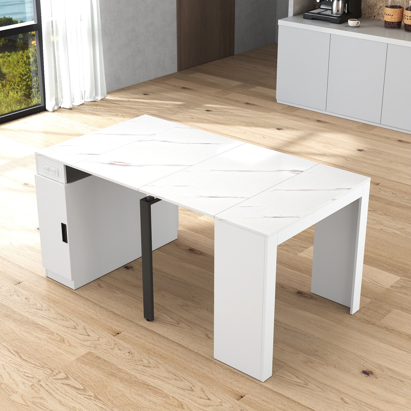 Modern Multifunctional Extendable Dining Table with Outlet, Space Saving Table