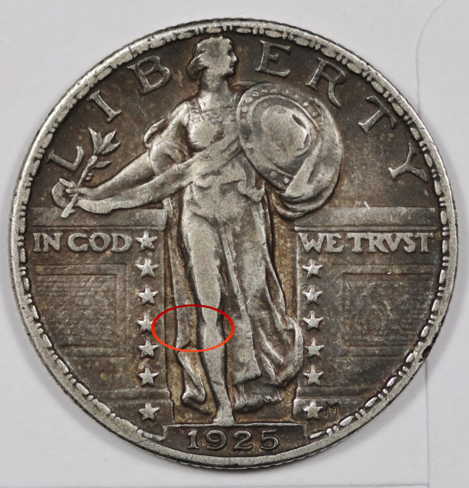 1925 Standing Liberty Quarter.  Error Clashed "E".  Natural VF-XF.  208054