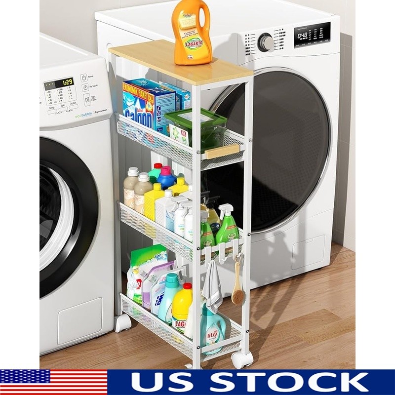 Slim Rolling Cart Multi-Purpose Storage Organizer W/ Wood Top & Wheels New