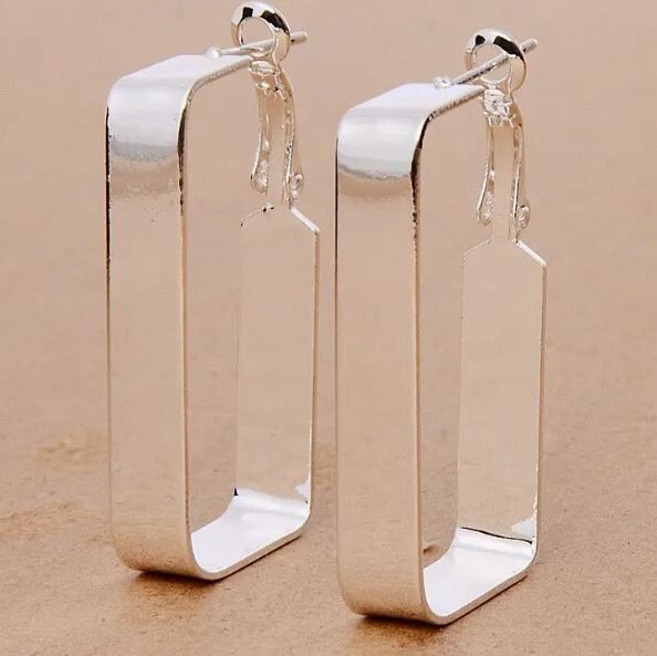 NEW MEDIUM LARGE RECTANGLE HOOP EARRINGS SILVER  LEVER BACK LIGHTWEIGHT 1.5"