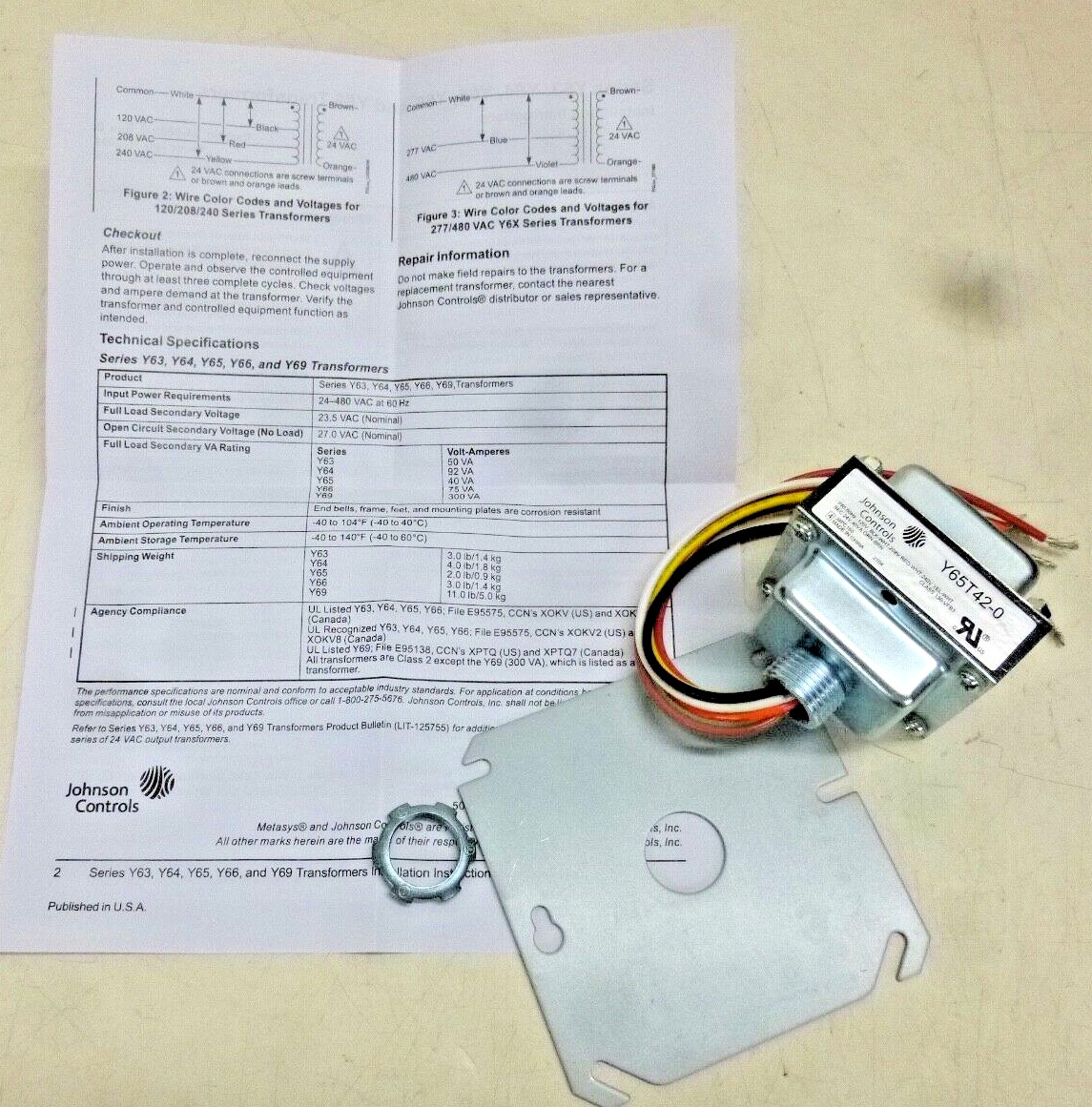 NEW! JOHNSON CONTROLS Class 2 Transformer, Open, 120V AC, 208V AC, Y65T42-0