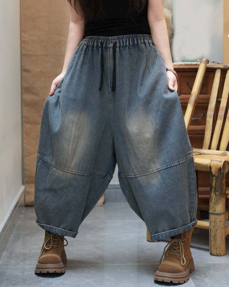 Casual Womens Denim Baggy Jeans Loose Pants Elastic Waist Retro Trousers
