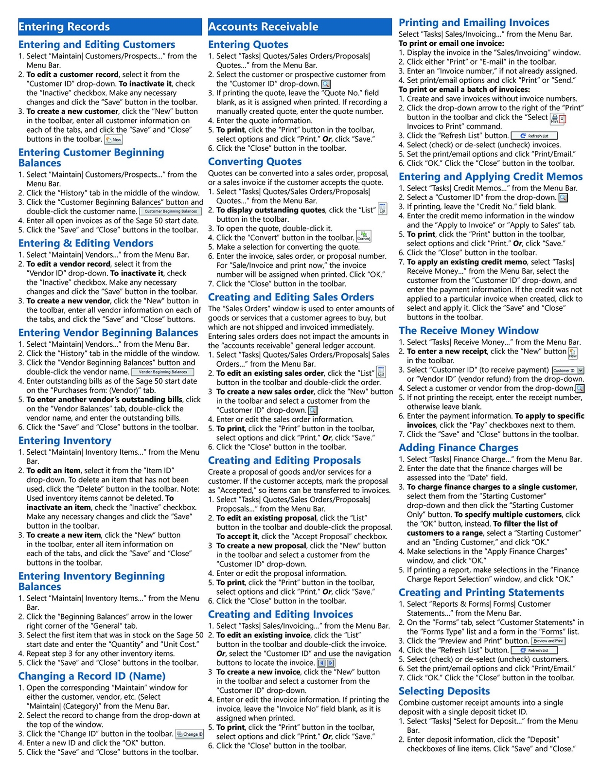 Sage 50 2019 Training Guide Quick Reference Card 4 Page Cheat Sheet Instructions
