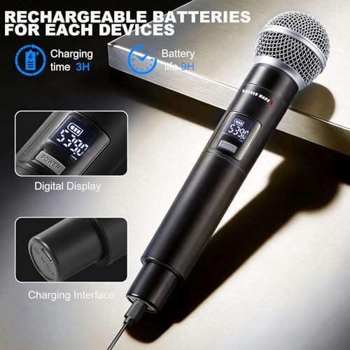 Wireless Microphone System, Upgraded 2.4GHz Rechargeable Professional AI