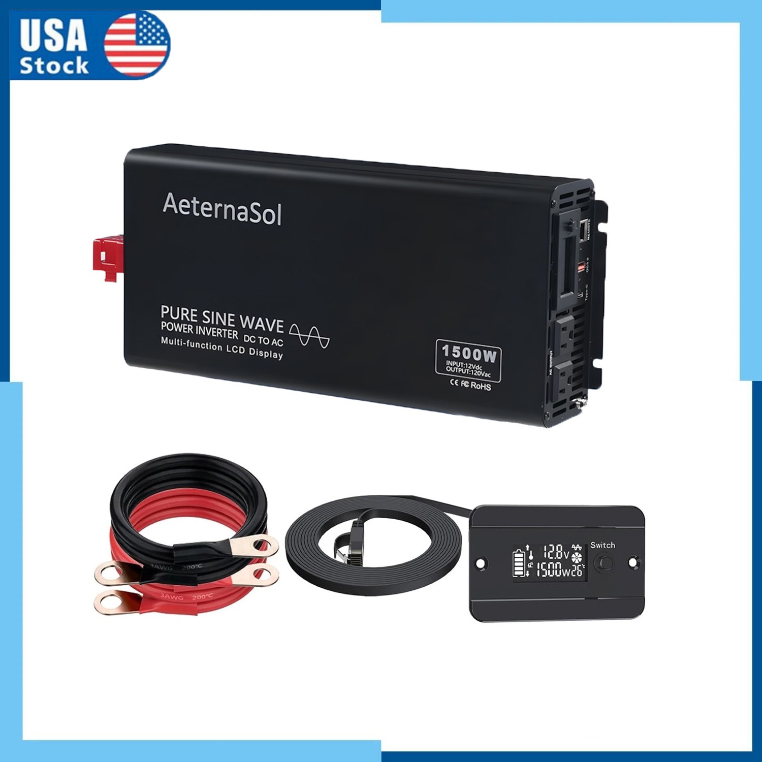 Pure Sine Wave Power Inverter 1500W 12V DC to 120V AC Car RV Truck with Remote