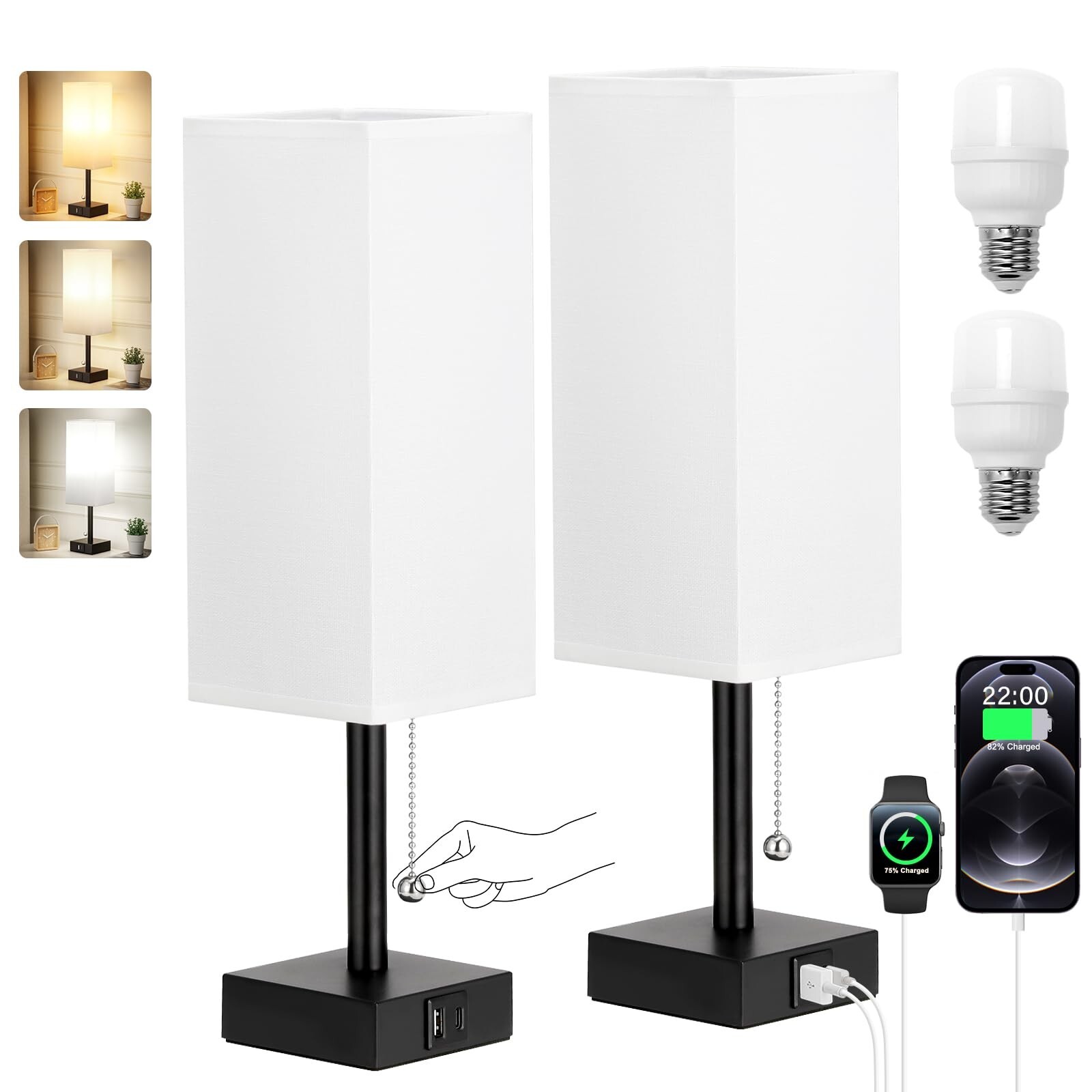 Bedside Lamps Set of 2 - White, 3 Color Temperatures, USB Charging, Pull Chai...