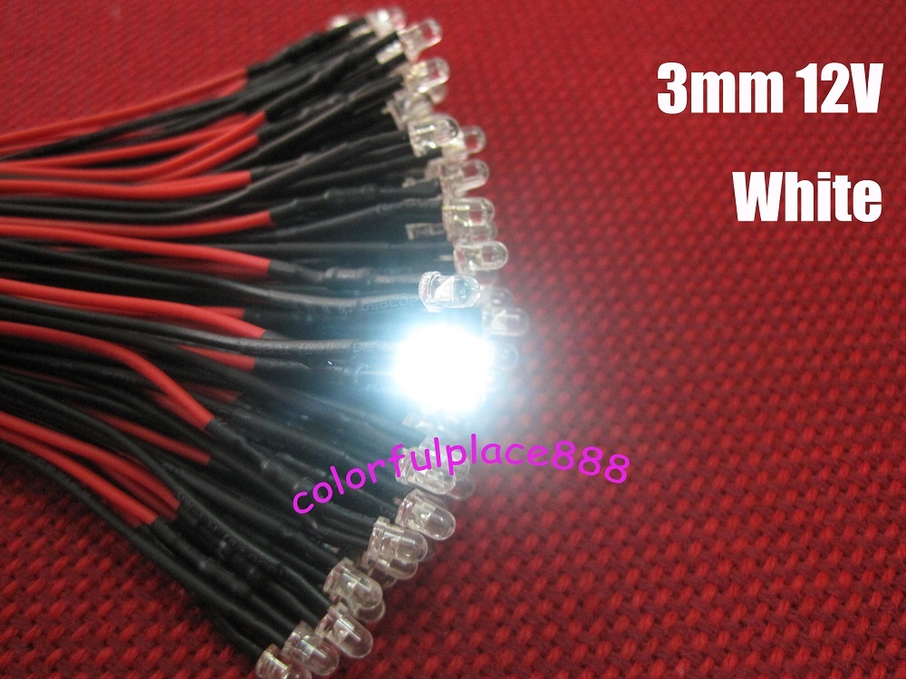 20pcs, 3mm White 9V 12V DC Round Pre-Wired Water Clear LED Leds Light 20CM New