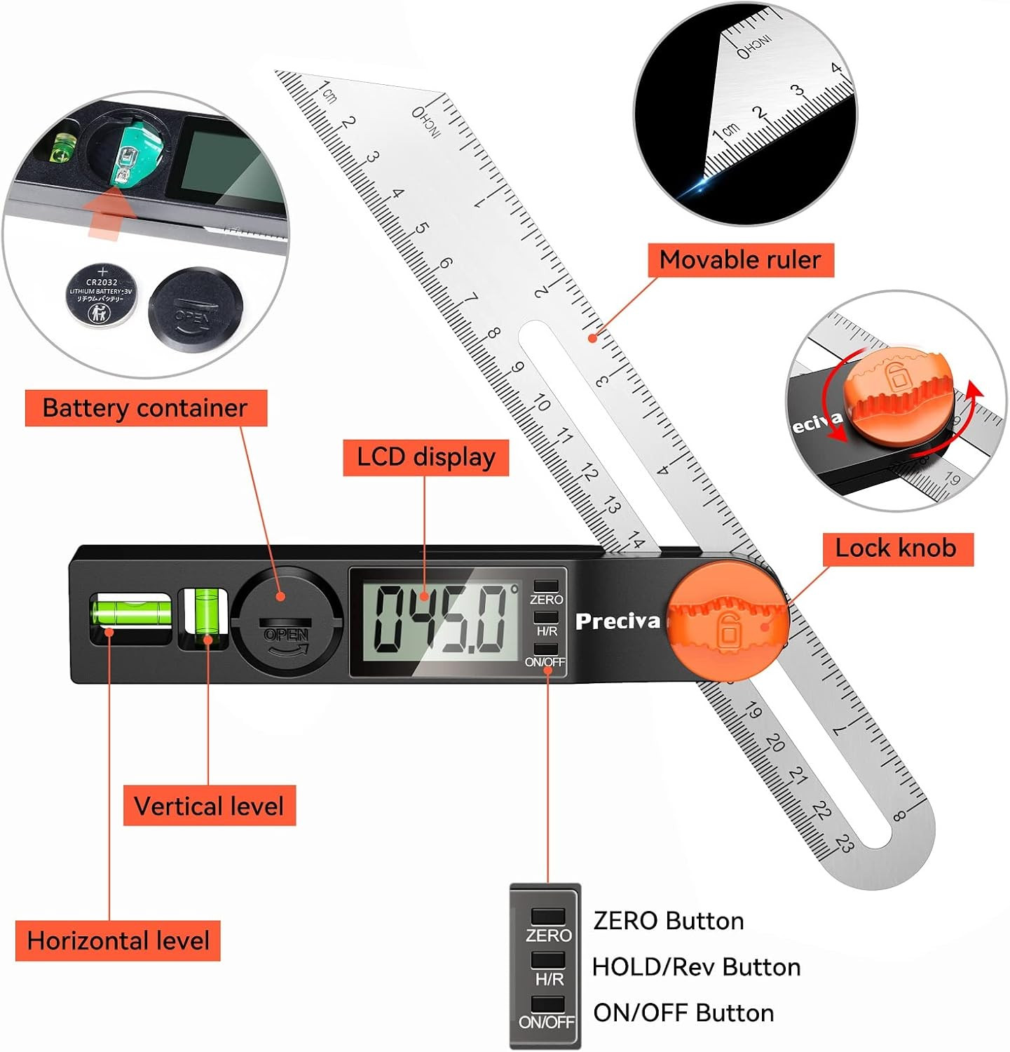 Digital Angle Finder, 8 Inch 230Mm T-Bevel Protractor Ruler, Horizontal Verti...