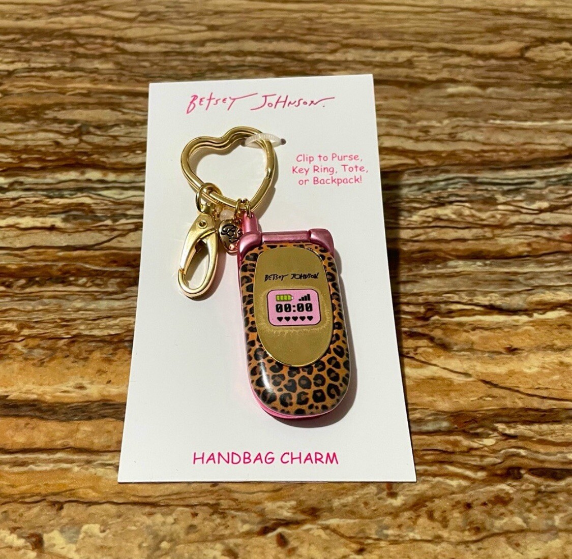 Betsey Johnson Gold Retro Cellular Flip Phone Animal Print Key Fob Bag Charm