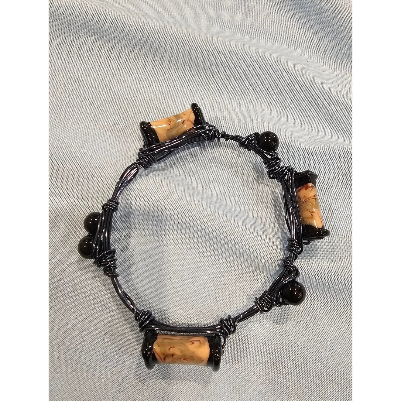 Black Gothic Vibe Bangle Bracelet Handmade Wire And Stone Fashion Jewelry