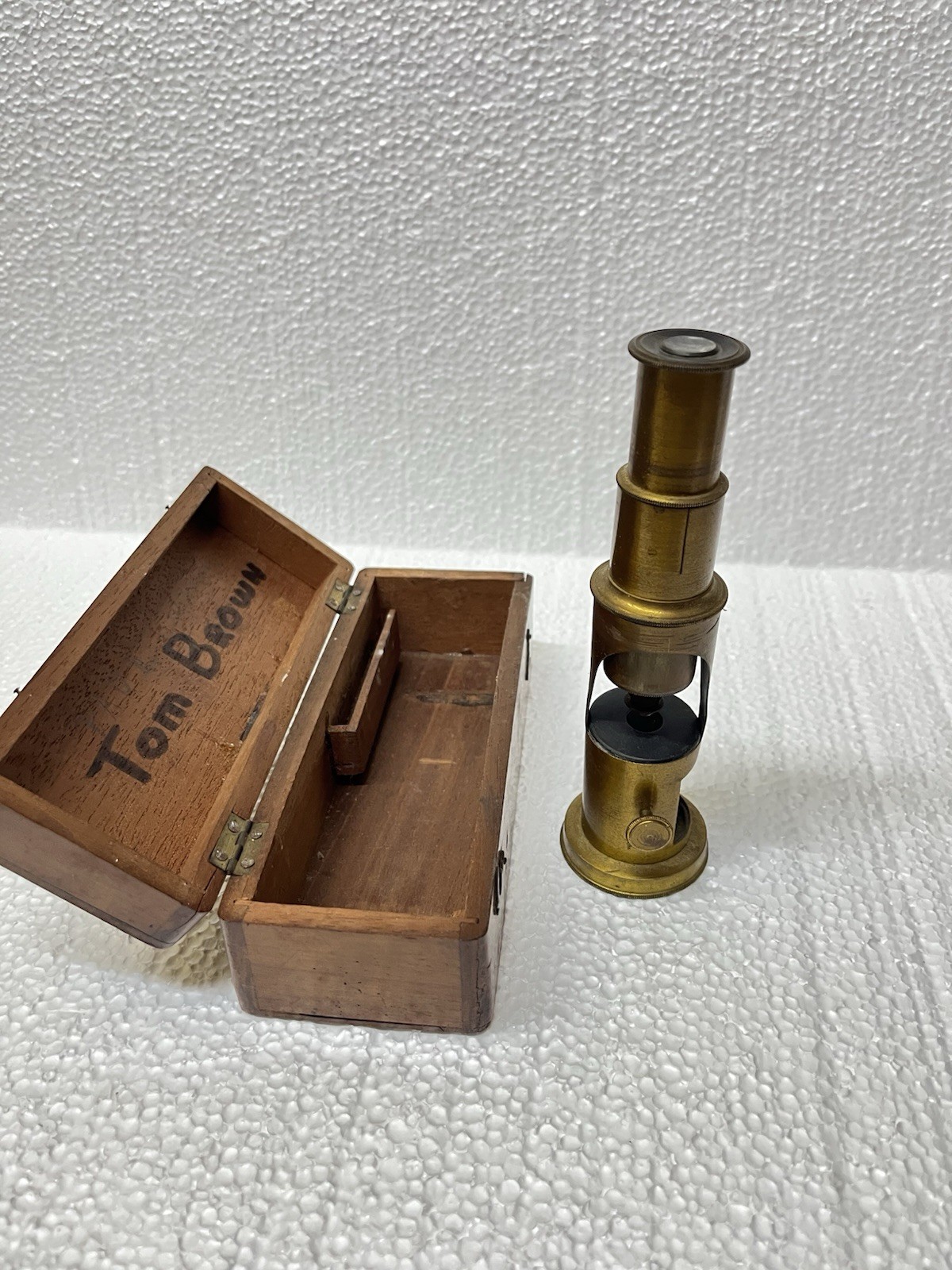 Vtg 1930s English Brass Scientists Field Microscope/ With Solid Boxwood Case