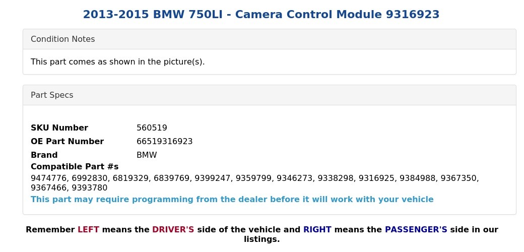 2013-2015 BMW 750LI - Camera Control Module 9316923