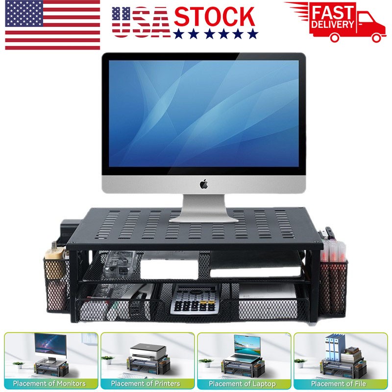 2 Tier Computer Monitor Stand Riser with Drawer and 2 Pen Holders Home & Office