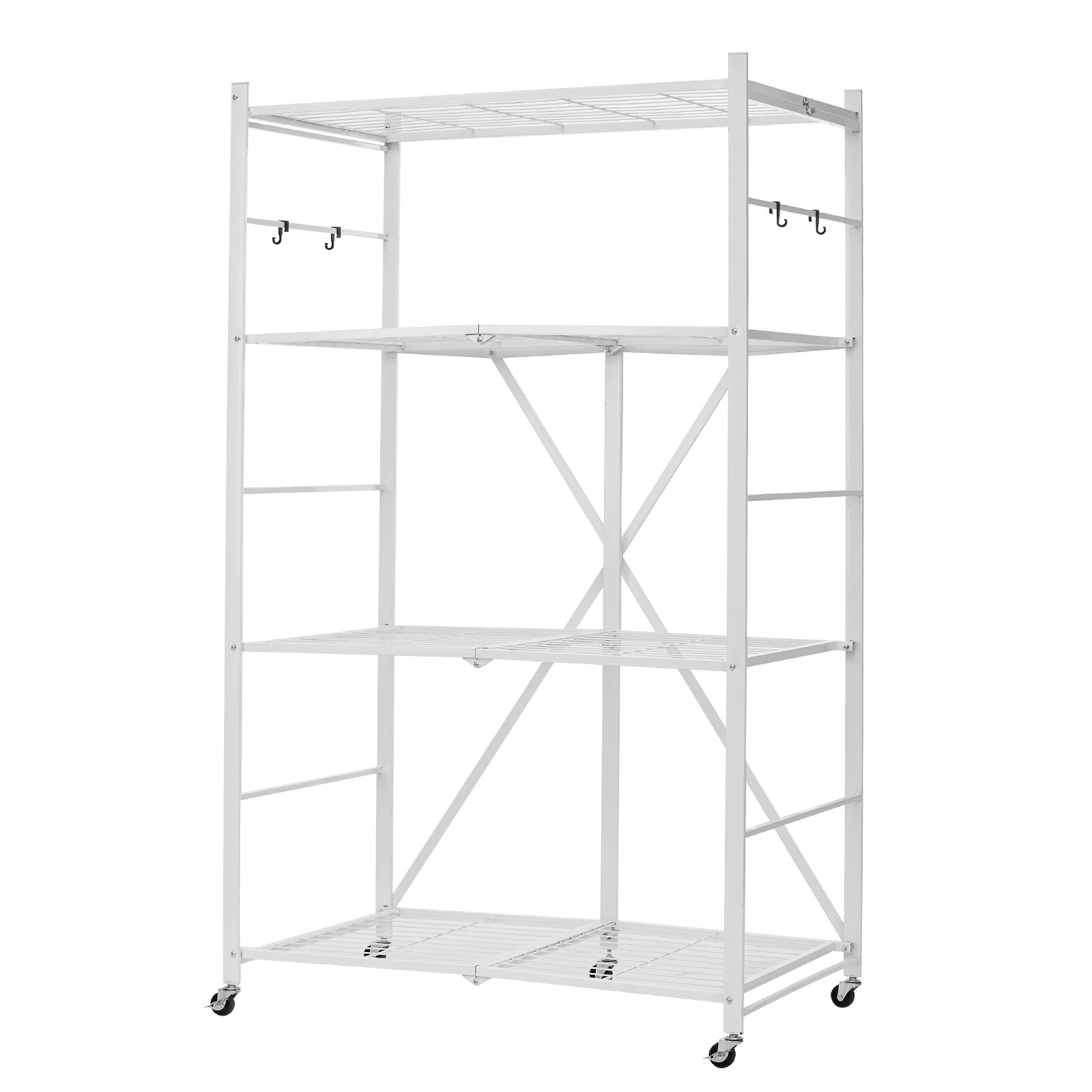 Folding Storage Shelf with Wheels 4-Tier No Assembly Organizer Shelf White
