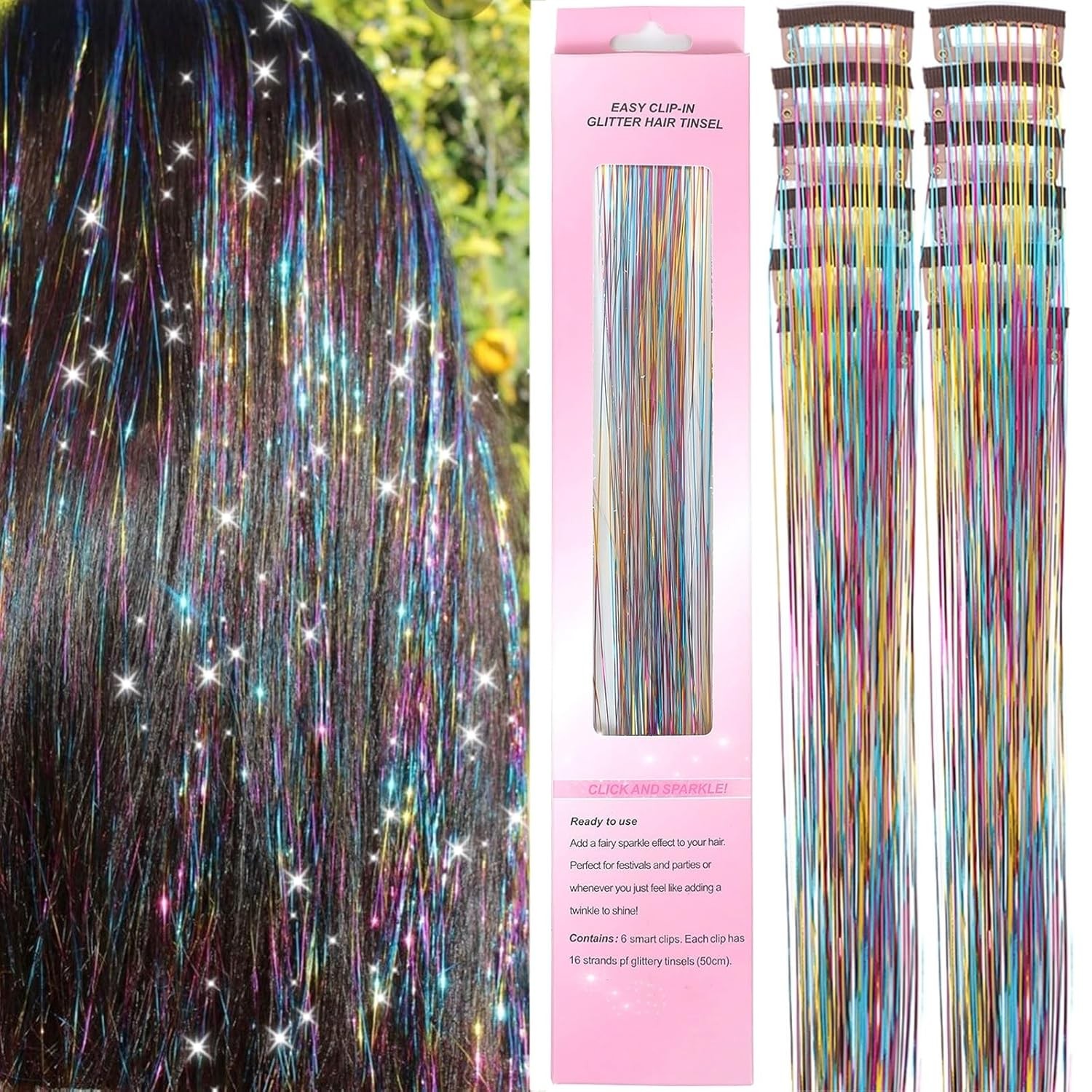 Clip in Hair Tinsel 12 Pcs Kit for Girls 22 Inch 3- Colors