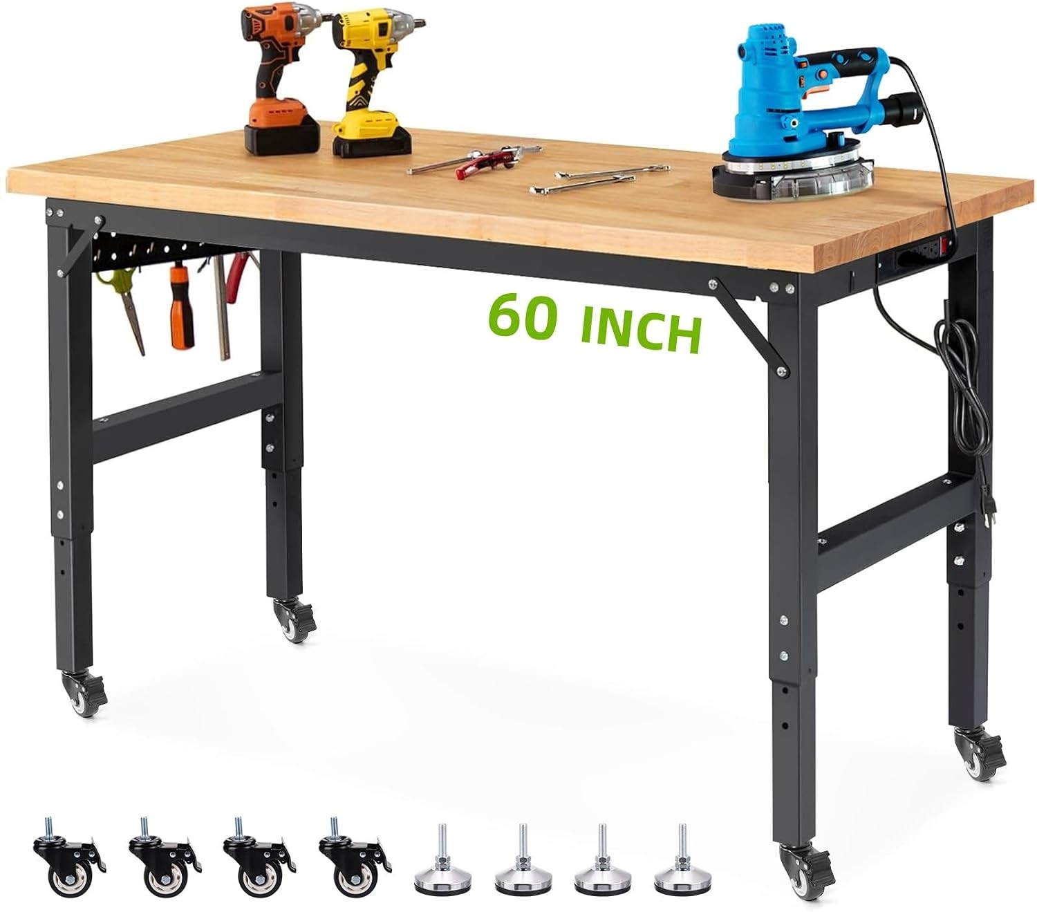 60" x 22" Workbench with Wheels Adjustable Height Work Table with Rubberwood