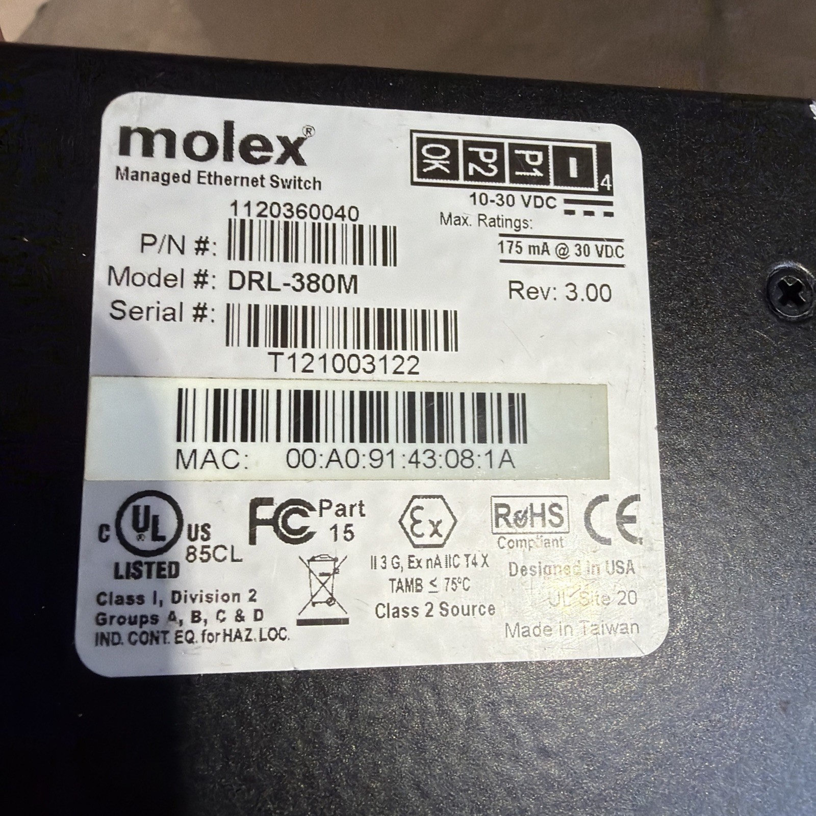 Molex Managed Ethernet Switch Model DRL-380M Rev: 3.00 Nos Surplus No Box