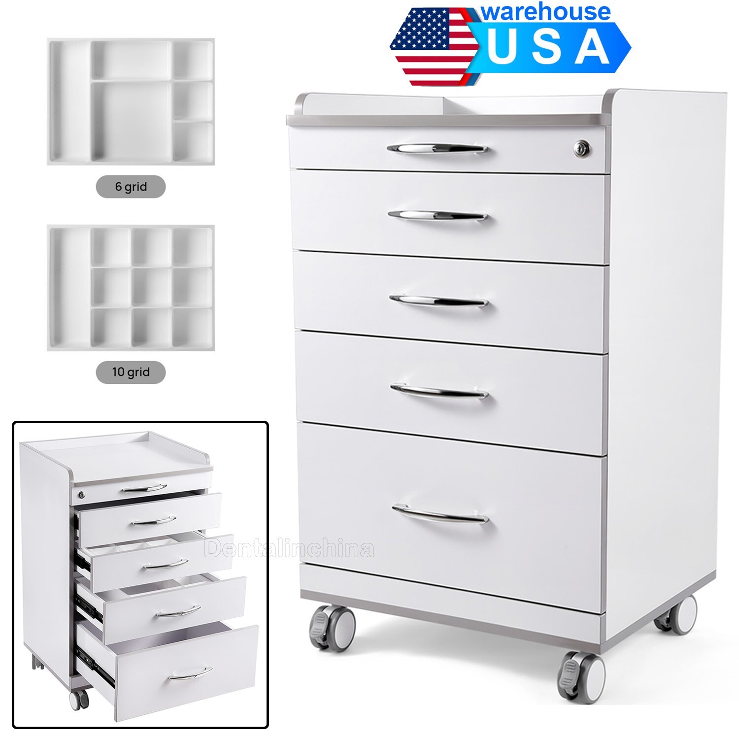 Dental Storage Cabinet Assistant Mobile Utility Cart Medical Cabinet & 4 Drawers