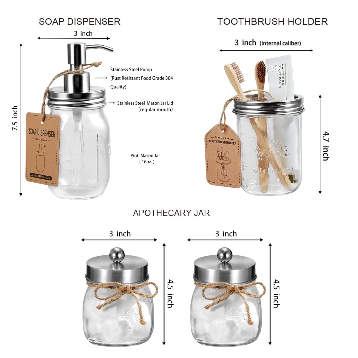 Mason Jar Bathroom Accessories Set(4 Pcs) -Lotion Soap Dispenser & 2 Qtip Hol...