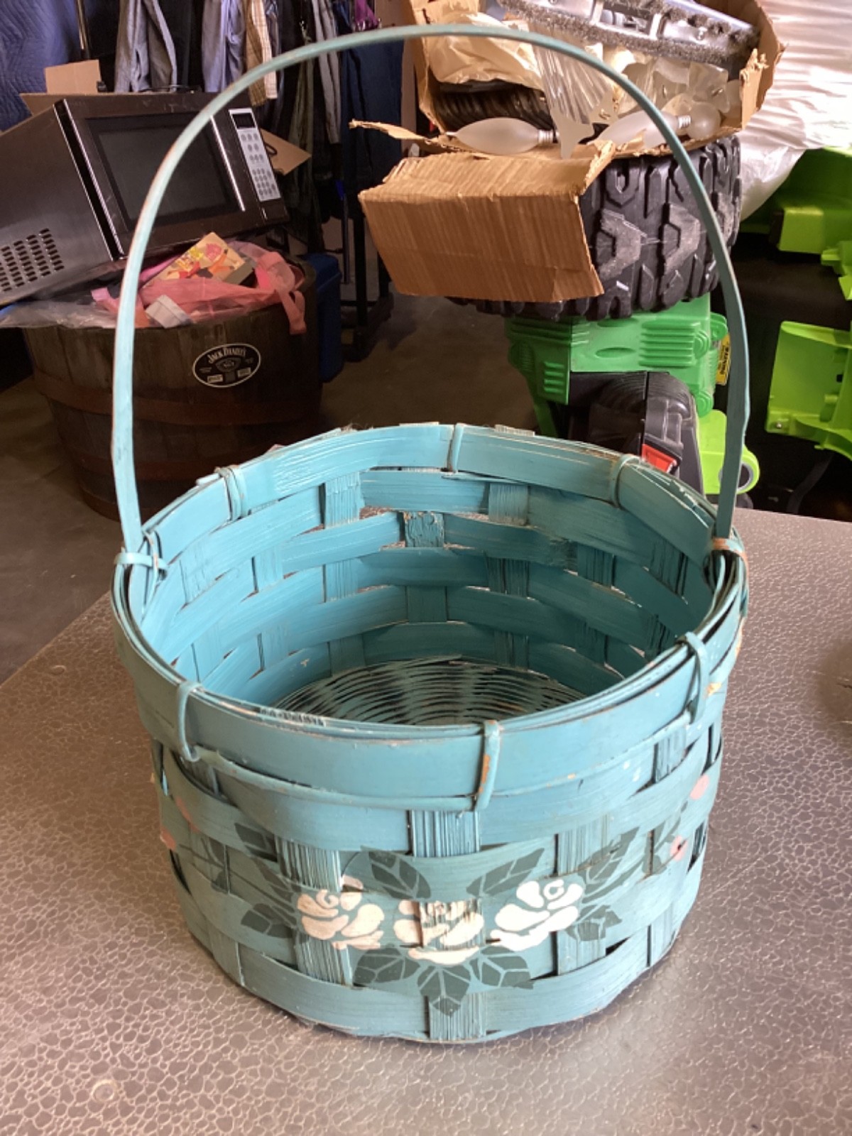 Beautiful Teal Blue & White Woven Round Floral Basket 9” Round x 12” Tall