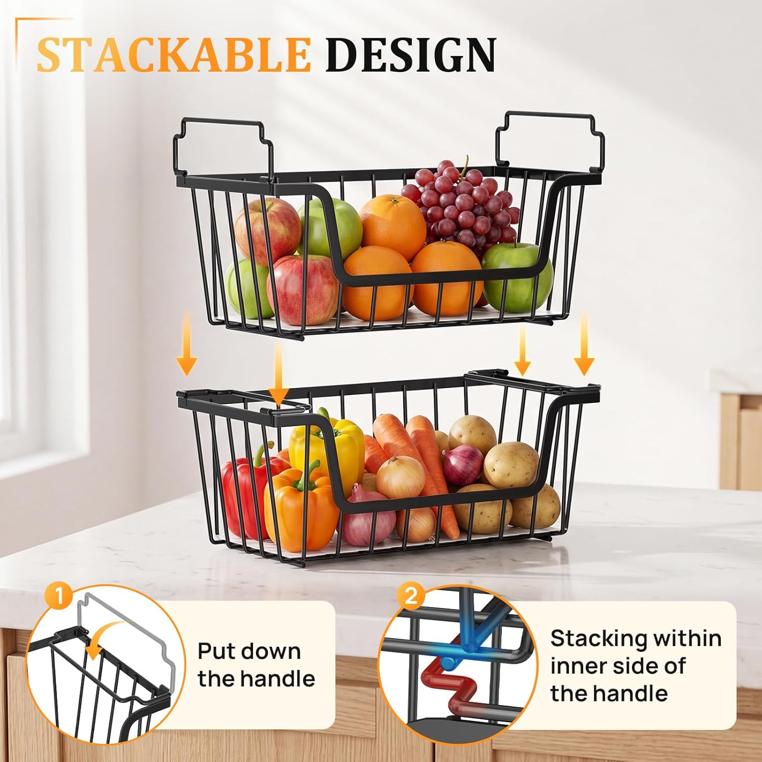 SUNALLY Stackable Storage Bins 4 Pcs Wire Baskets for Pantry Organizers and Stor