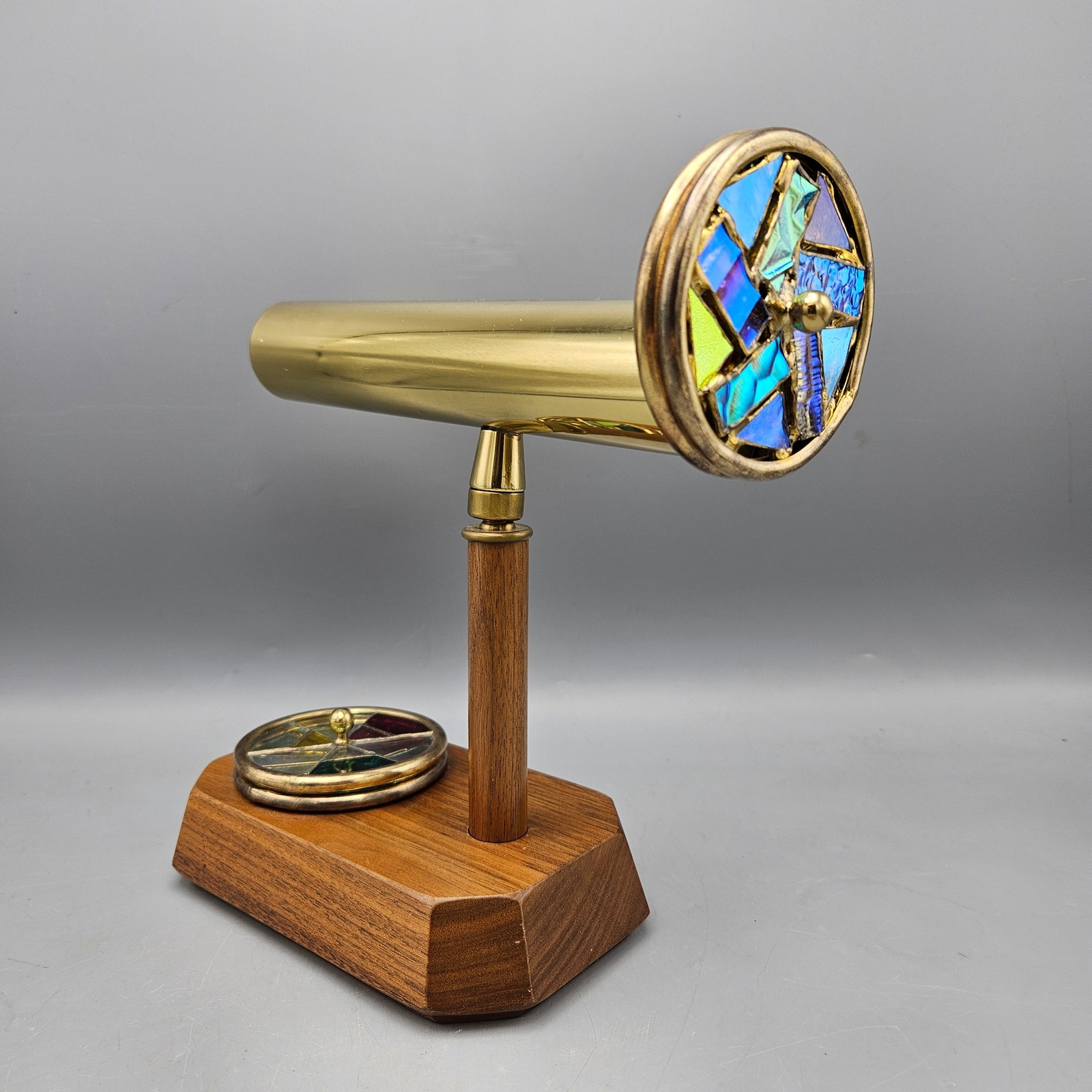 Vintage Janice Chesnik Brass and Glass Kaleidoscope Mounted on a Walnut Stand