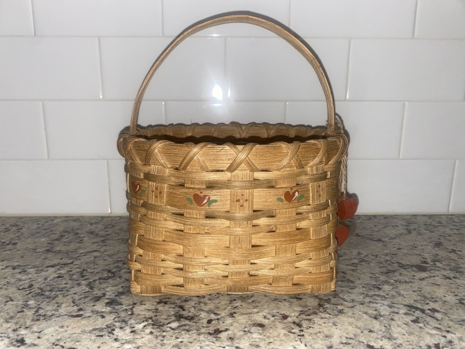 Vintage Woven Splint Basket with Painted Hearts and Heart Charms