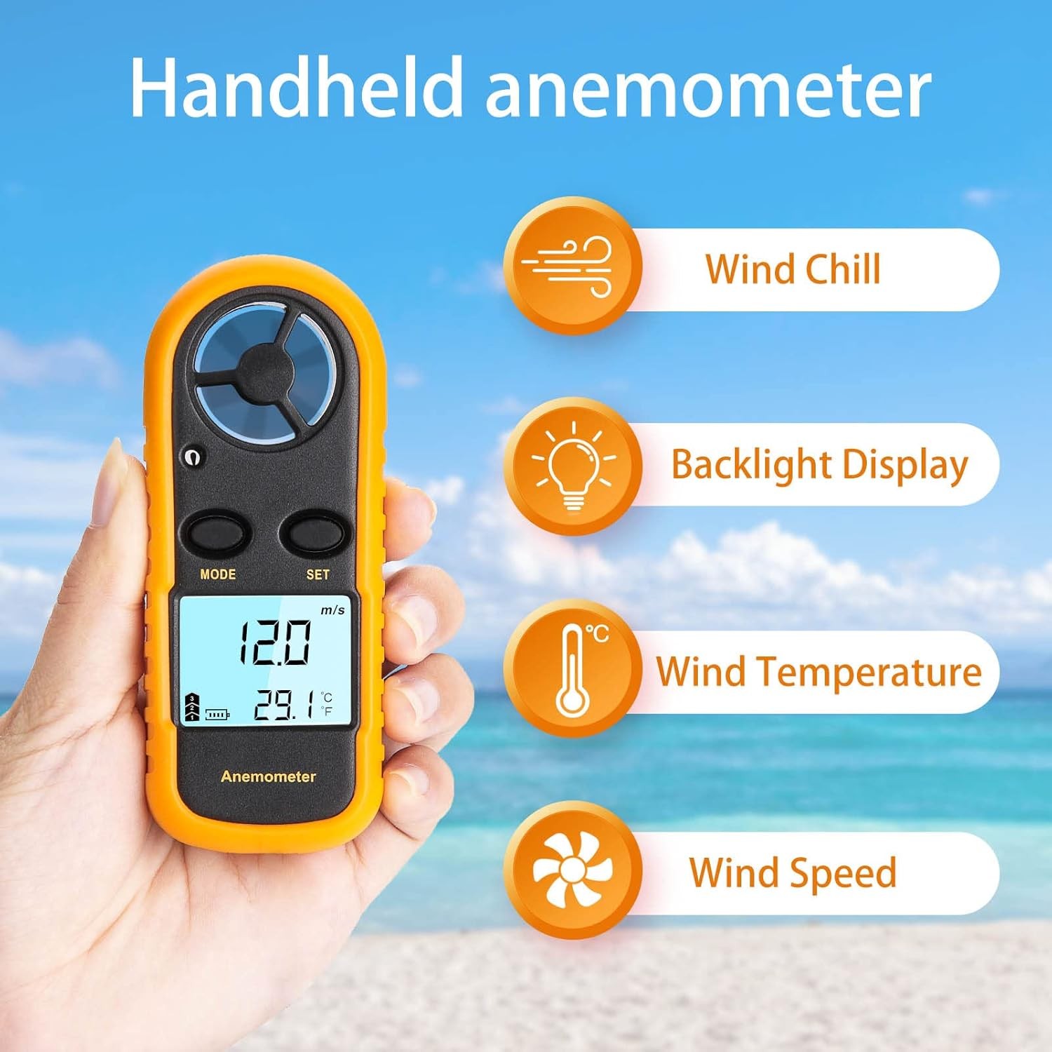 Handheld Digital Anemometer, Wind Speed & Temperature Meter LCD